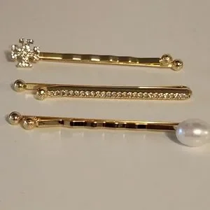NWOT Tory Burch Hair pin set of 3 pieces Gold Pearl Stones Logo Pearl Hair Clip: Women main image 4